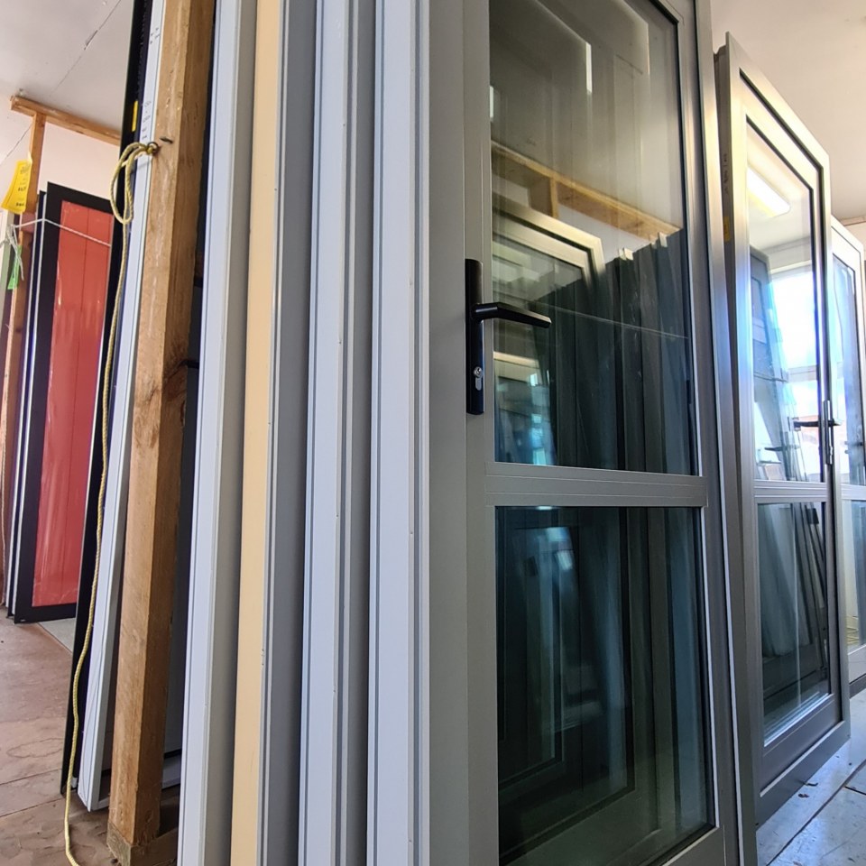 NEW Double Glazed Aluminium, Single Door 880 x 2000 Open In, Silver Pearl