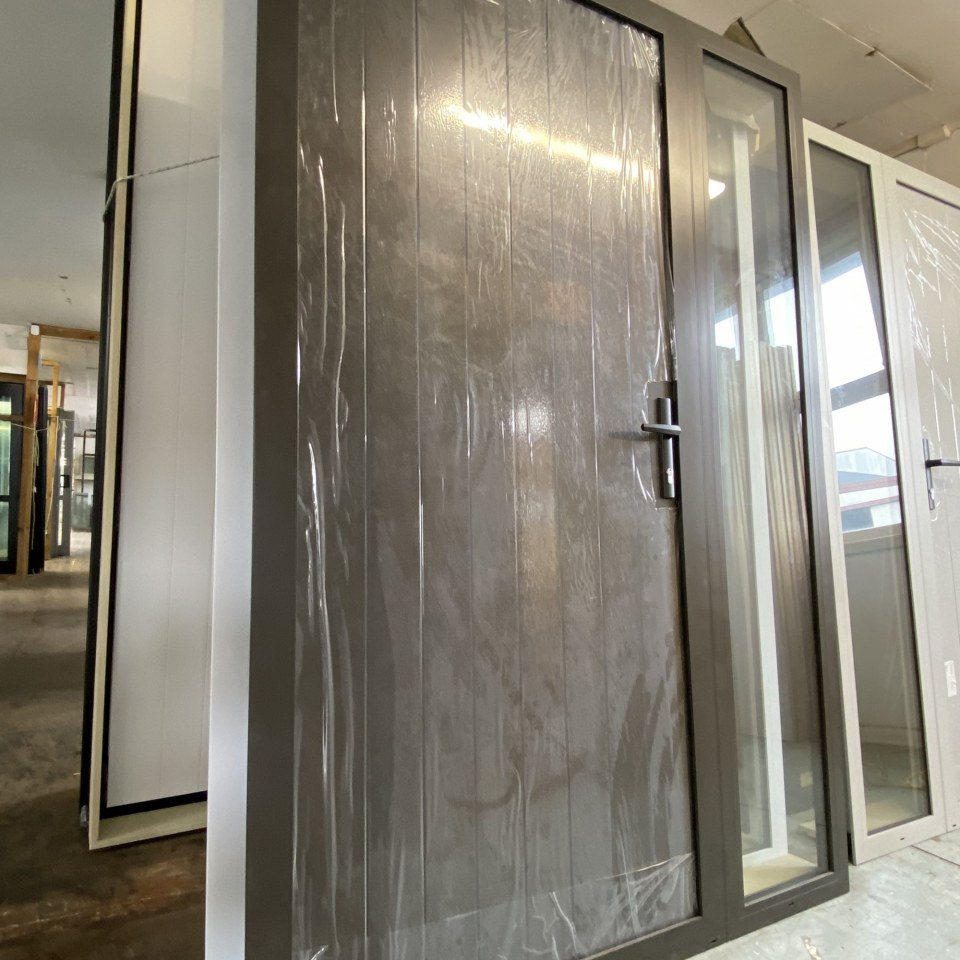 NEW Aluminium Frame Entrance Strata Door With DG Sidelite, Ironsand